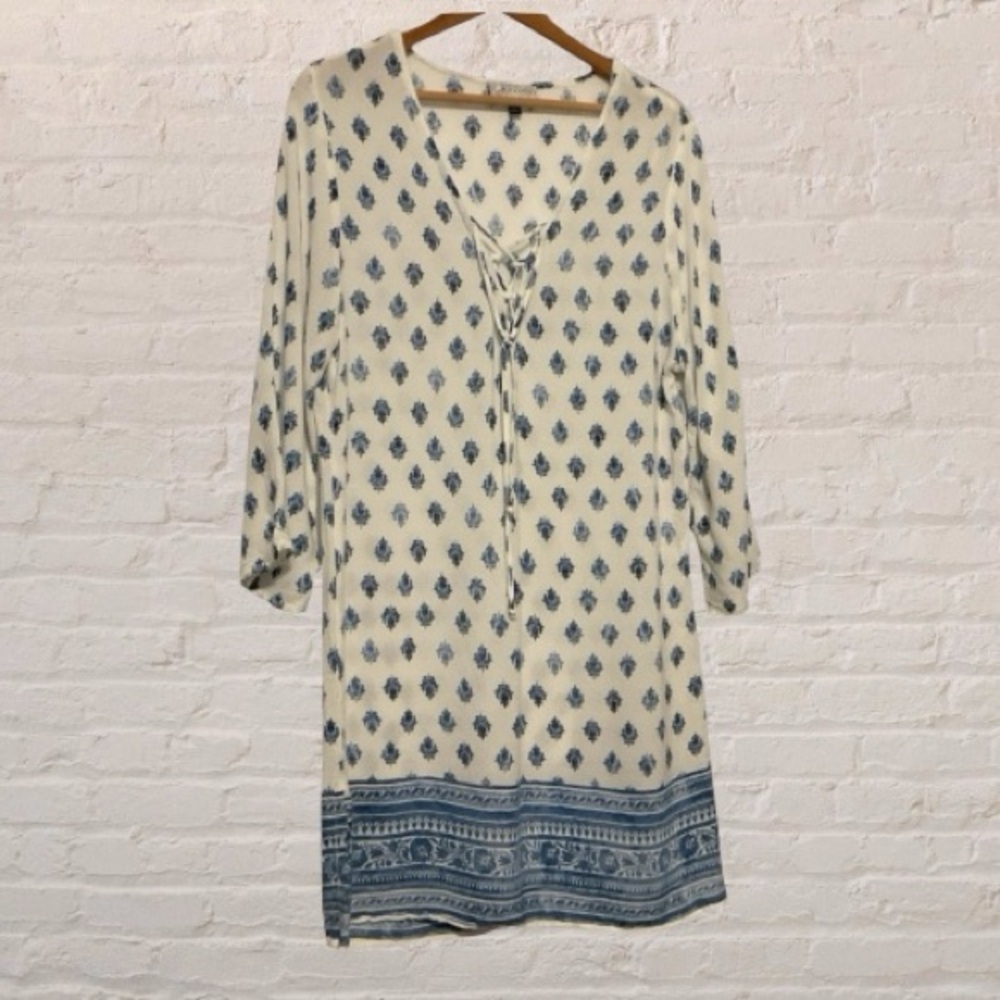 J. Valdi blue & white boho paisley print long sleeve dress Size L
